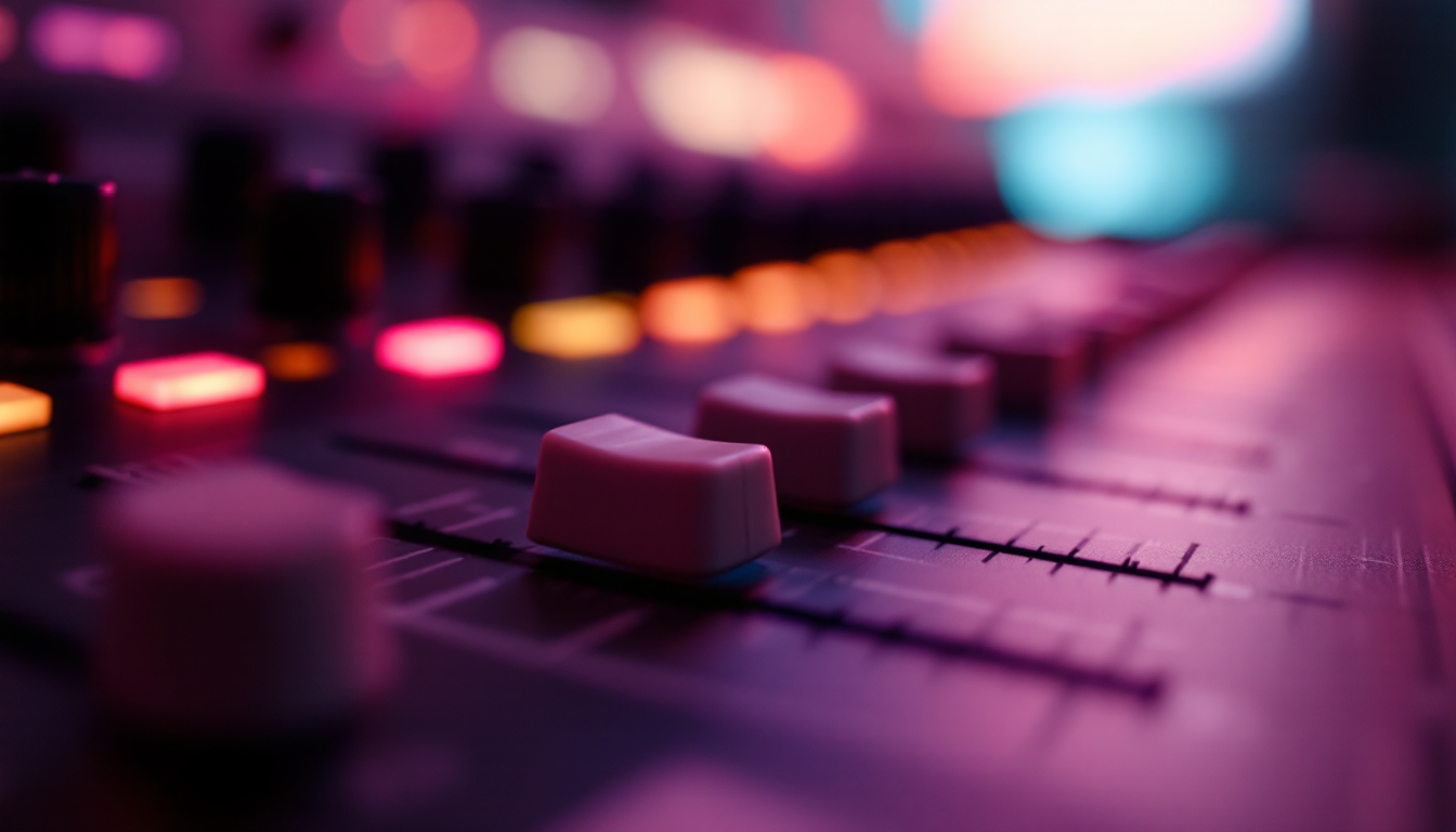 Close-up of an audio mixing console
